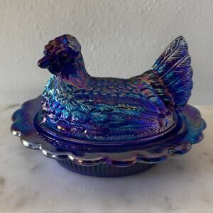 Mosser 6" Blue Carnival Glass Hen on Nest Covered Dish | Chicken Candy Bowl